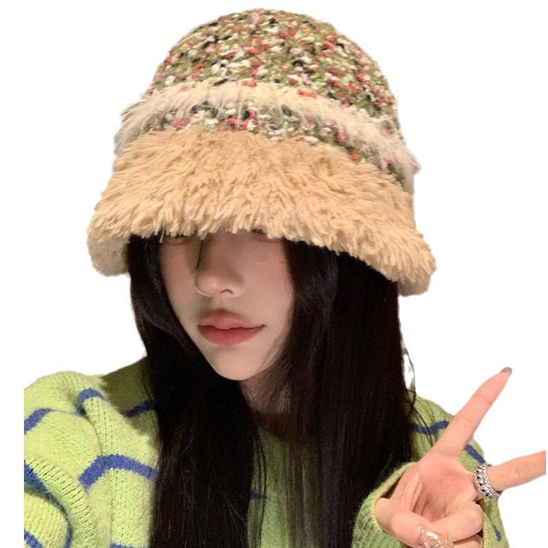 Autumn and Winter New Plush Warm Fisherman Hat Children Color Matching Basin Hat Outdoor Travel Show Face Bucket Hat Tide