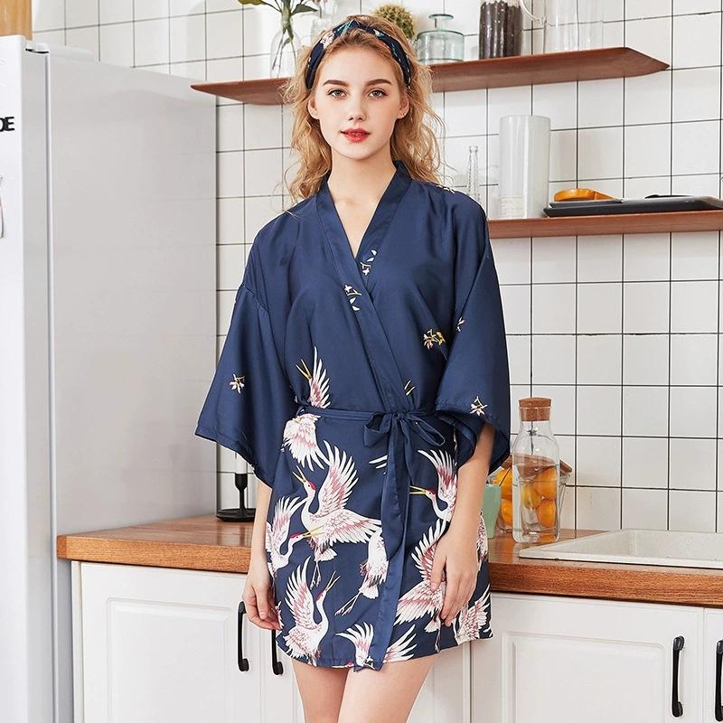 Comfortable V-neck Satin Robe Vintage Women Silk Satin Robe Sexy Nightgown Kimono Sleepwear Waistband Nightdress
