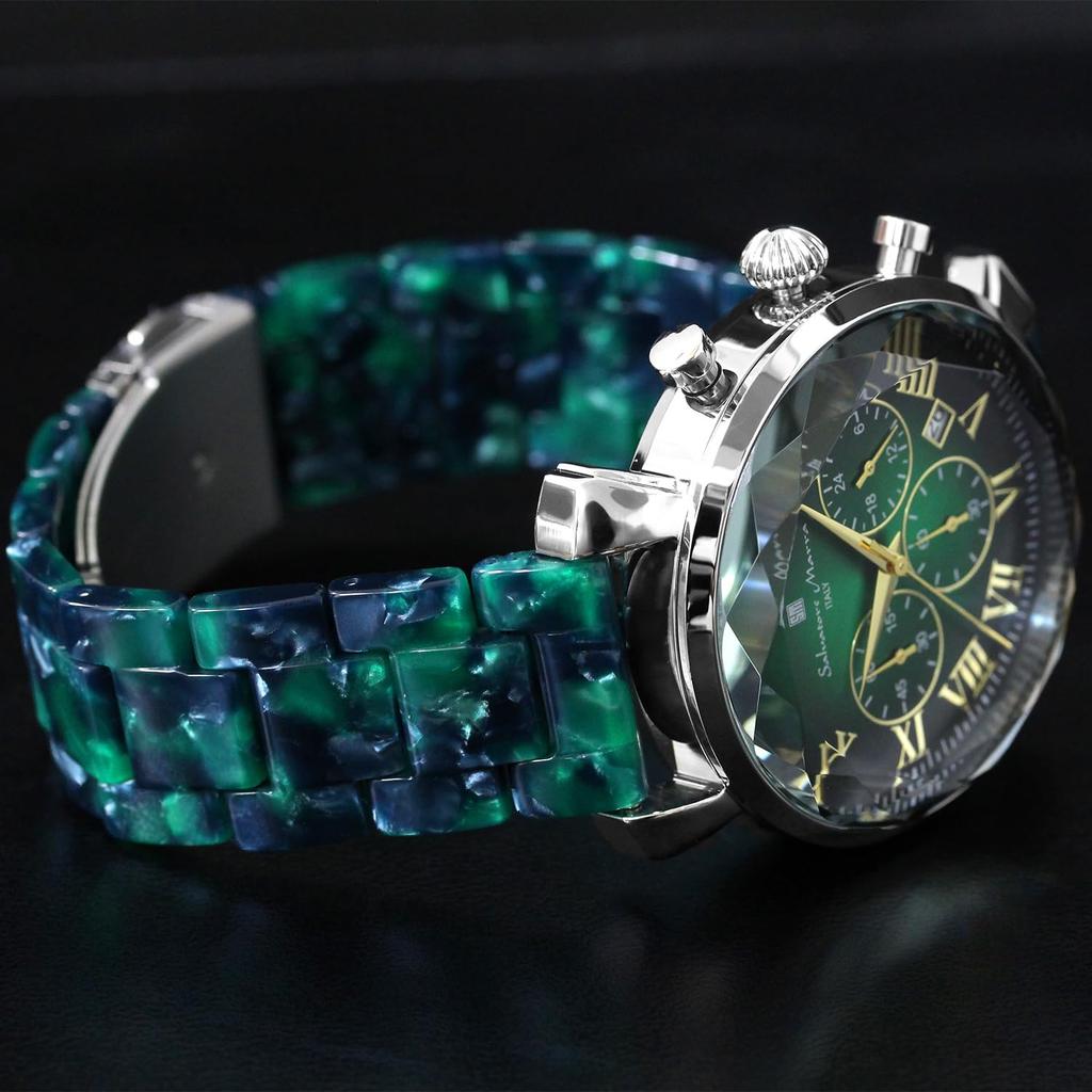 Часы с многогранным стеклом, хронограф, ацетатный ремень, градиент, зеленое золото [Salvatore Mara], мужские SM19104A-SSGRGD