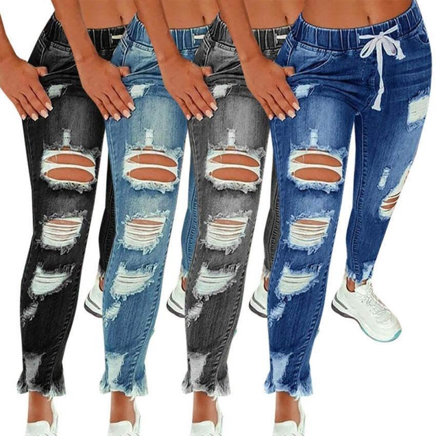 Женские джинсы с эластичной резинкой на талии и рваными тонкими женскими джинсовыми повседневными брюками