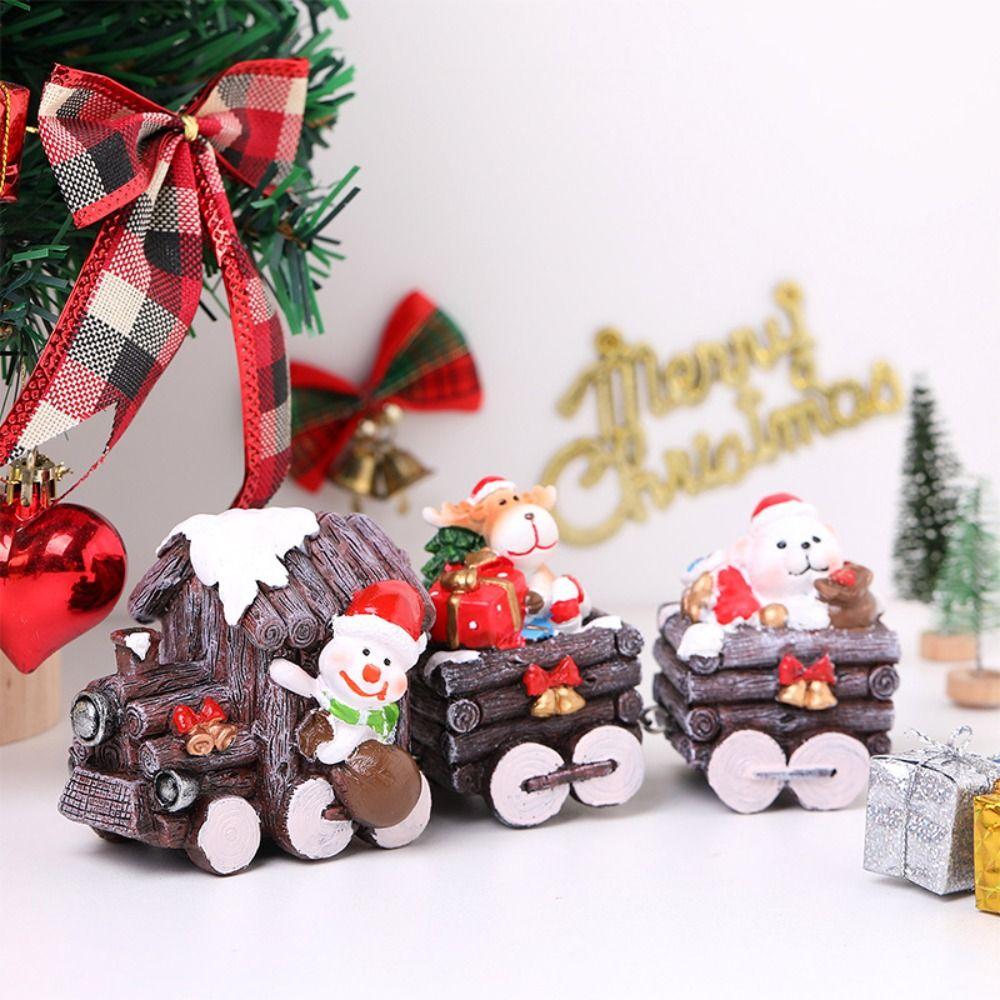 Resin Santa Claus Train Statue Cute Miniature Figurine Sculpture New Year