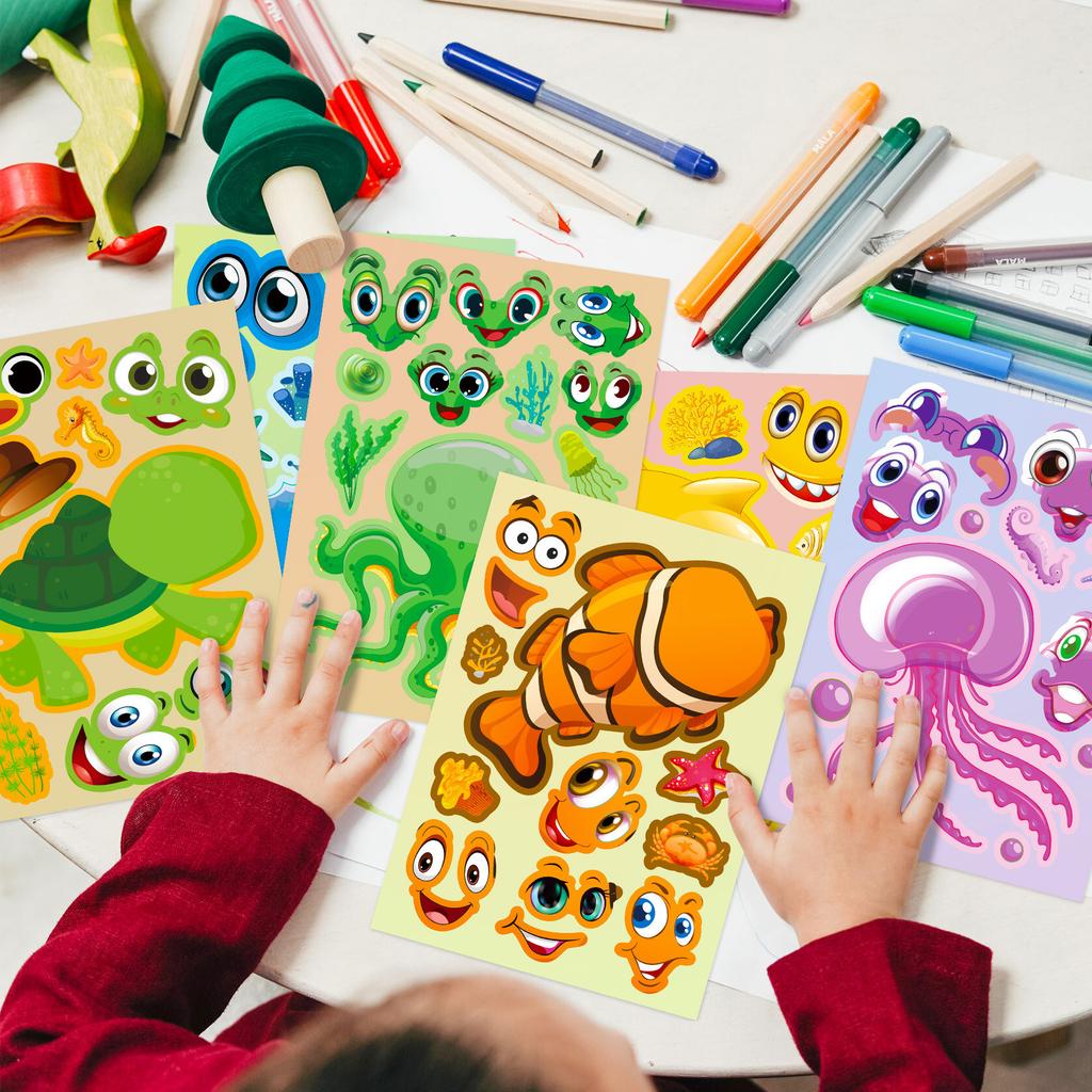 6 Фото/упаковка наклеек для изменения лица «Медуза Океан» Сделай сам Детская награда Мультяшное подводное существо Пазл Изменение лица