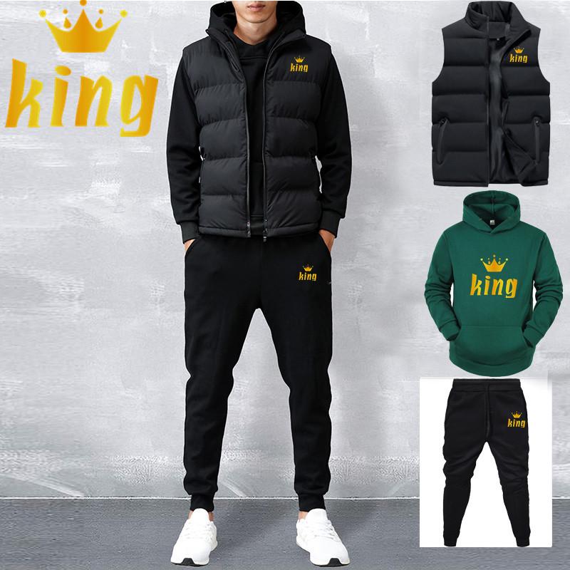 Men Spring Winter Fleece Hoddies Set Casual Sets Vest + Hoodies + Pants 3 Piece Set Male Tracksuit Sportswear Set
