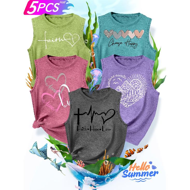 2026New women's vest5Pieces Faith and Love Letter Print Simple, stylish, casual, versatile, comfortable, soft, skin-friendly spring/summer top S-XXL