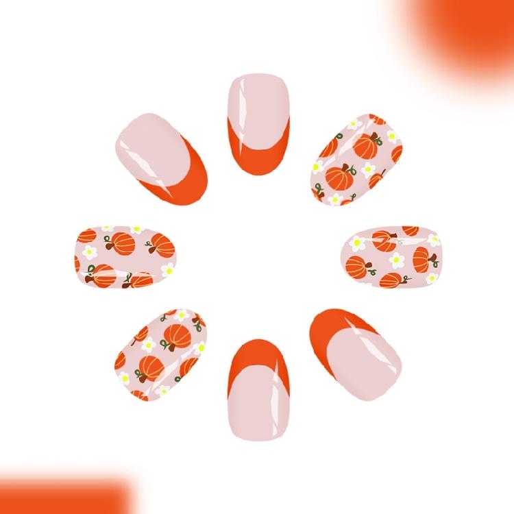 Оранжевая Тыква Накладные Ногти 24 Шт. Осенний Цветочный Дизайн Французский Маникюр Мгновенное Ношение