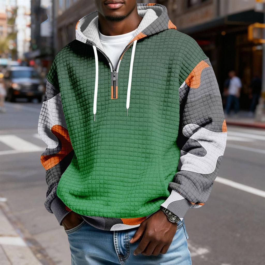 Мужской худи-пуловер в клетку с капюшоном на молнии до середины, со шнурком и принтом, повседневная спортивная толстовка