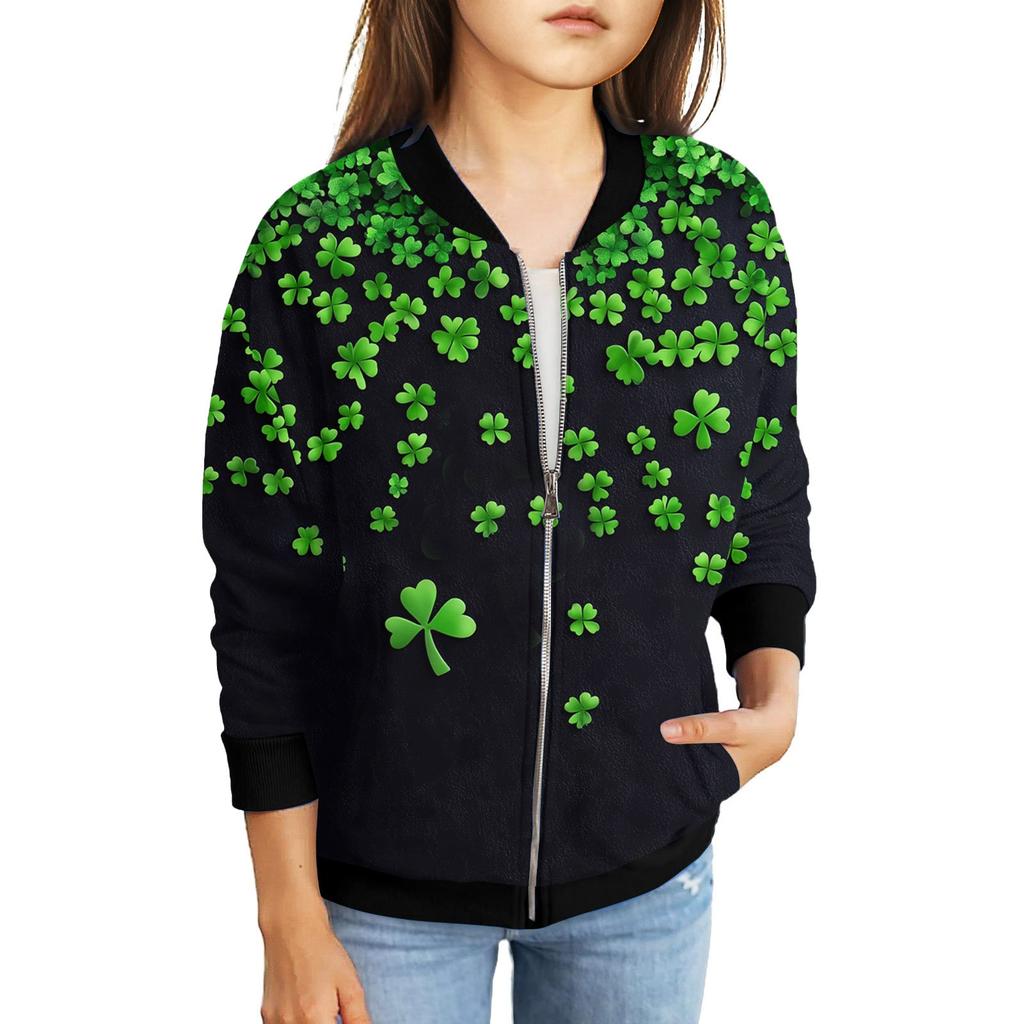 Девочки куртки на молнии детские осенние толстовки с длинным рукавом верхняя одежда с карманами St. День Святого Патрика 5-15 лет