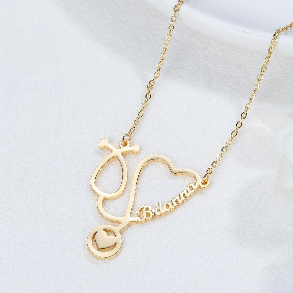 Custom Name Necklaces Stainless Steel Jewelry Personalized Gold Tone Stethoscope Pendant Women Nameplate Necklaces Doctor Giveaway GiftTrendy