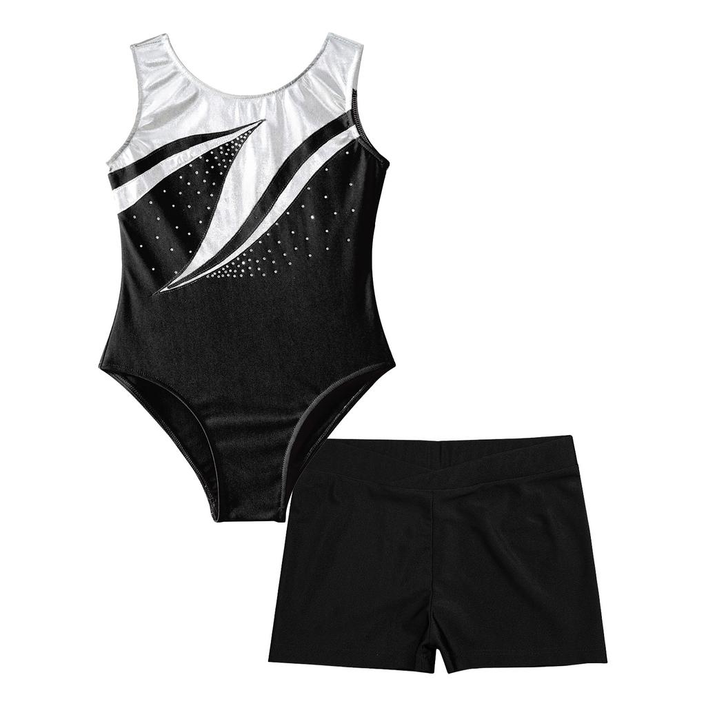 Girls Patchwork Leotard Sleeveless Round Neck Rhinestone Decorated with V Front Waistband Shorts Skating Dance Outfit
