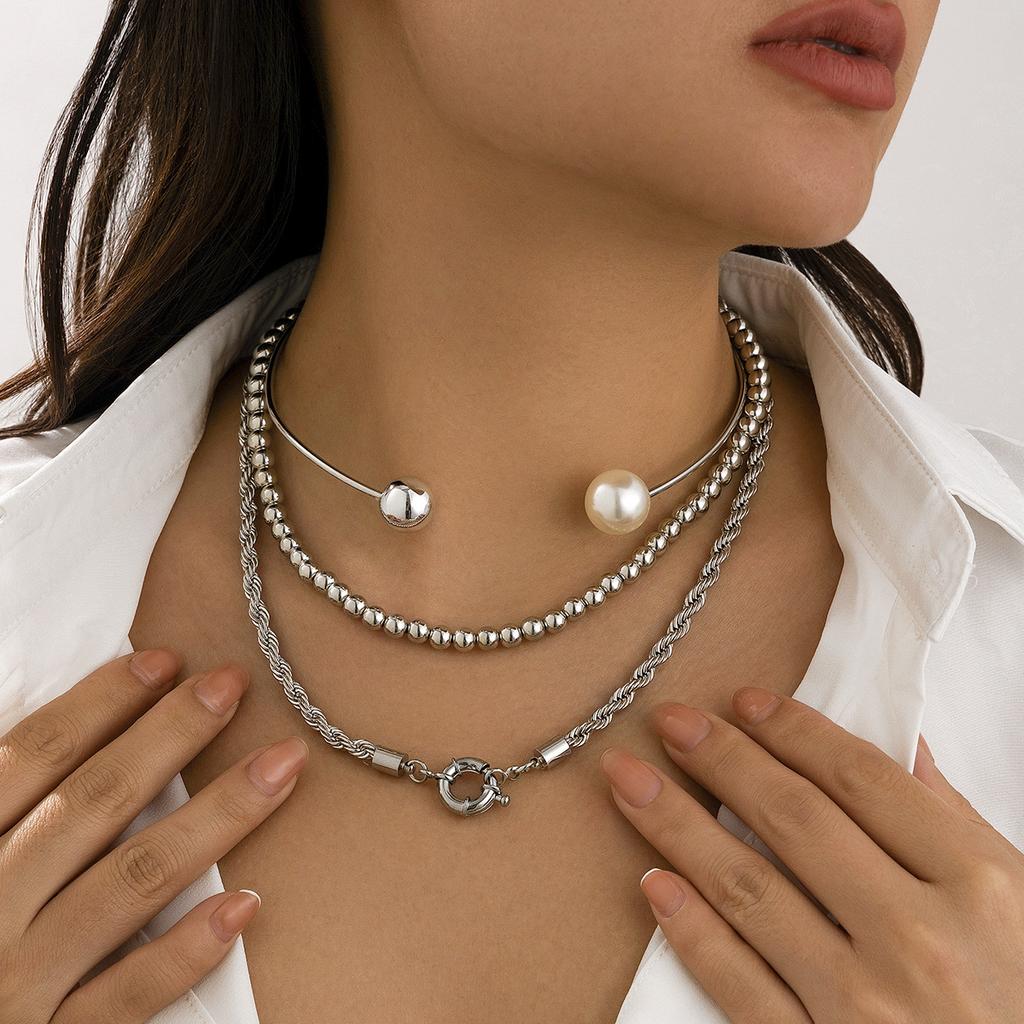 Personalized Metal Ring Collar Item Jewelry, Simple Asymmetric Imitation Pearl Beaded Neck Necklace