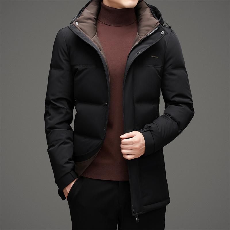 Зимняя новая мужская куртка-пуховик из молочного шелка средней длины с белым утиным пухом для среднего возраста, теплая повседневная куртка с капюшоном