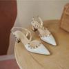 2024 New Summer Fashionable Comfortable Elegant Casual Baotou Thick Heel Pointed Rivets One-word Buckle Mid-heeled Shoes