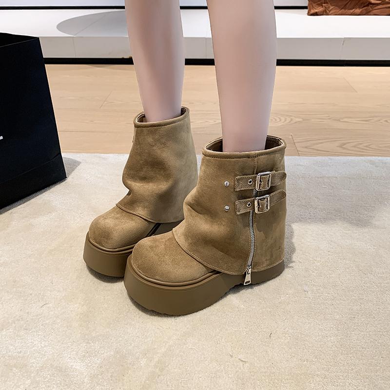 Модные женские массивные мотоботы Осень Замшевая кожа Скрытая платформа Кроссовки Зимние панк-ботинки Каблук 6,5 см Ботильоны на платформе