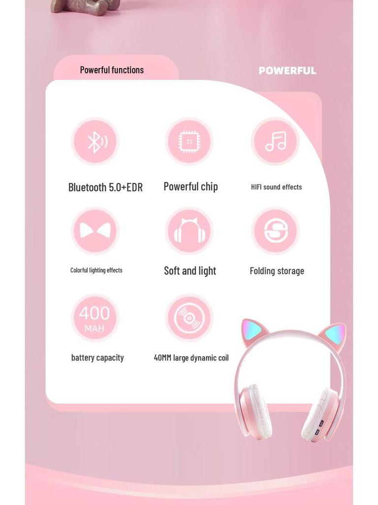 Светящаяся беспроводная Bluetooth-гарнитура с ушками кошки B39A