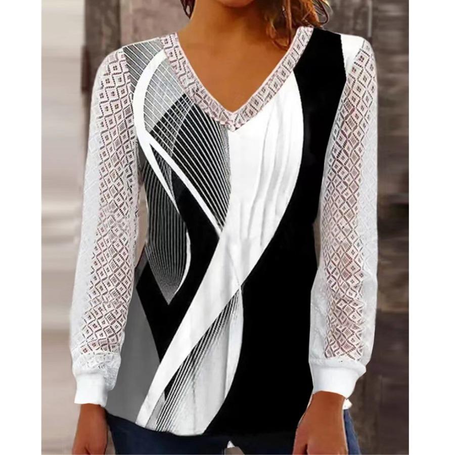 Осенне-зимняя женская блузка с v-образным вырезом, свободная кружевная лоскутная рубашка с принтом, женский топ