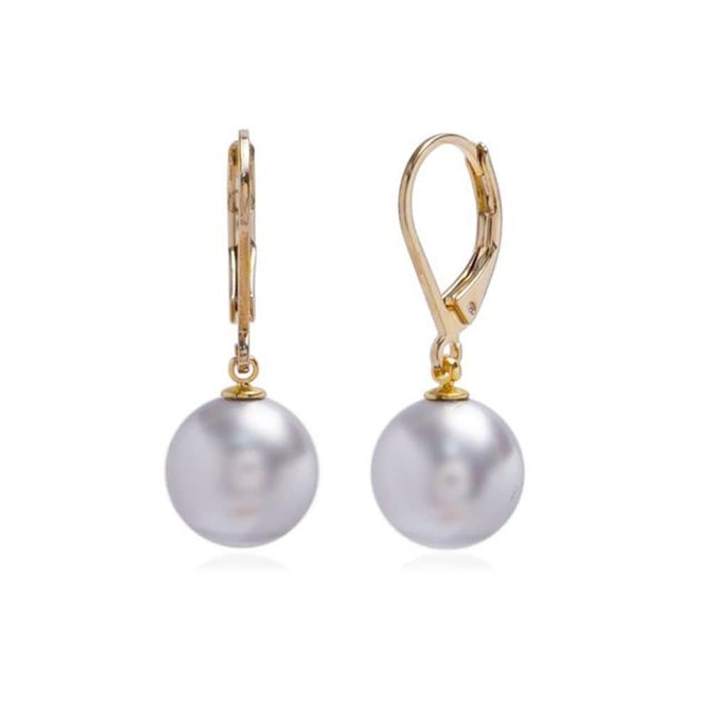 E452 10mm Light Gray Pearl Gold Leverback Earrings