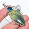 Nephrite, Blue Topaz Handmade 925 Sterling Silver Jewelry Pendant 2.76" Y1n93