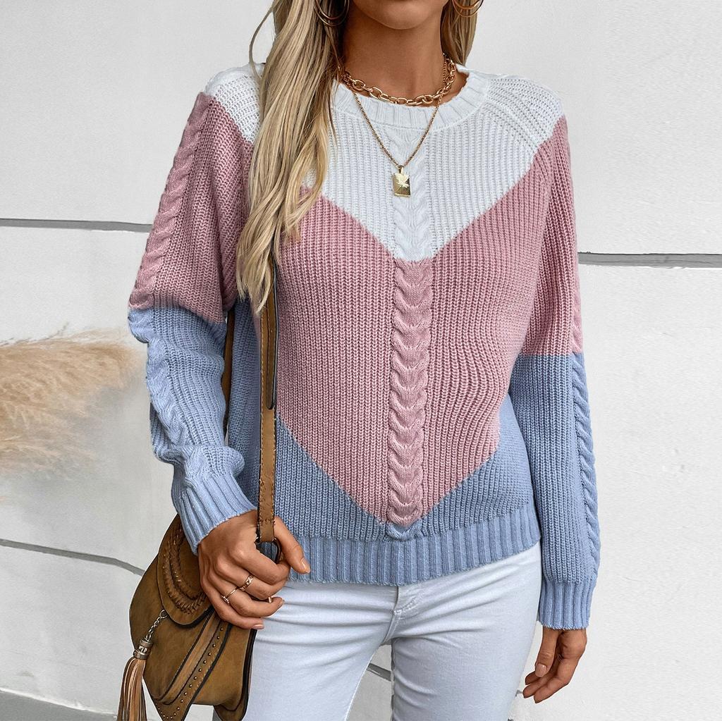 Women's Fashion Casual Round Neck Long Sleeve Comfortable Contrast Color Cable Knit Women's Pullover Loose Sweater