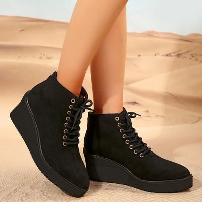 2024 Модная женская обувь на шнуровке женские ботинки зимние замшевые однотонные короткие бочонки на платформе танкетке больших размеров ботинки Zapatos De Mujer