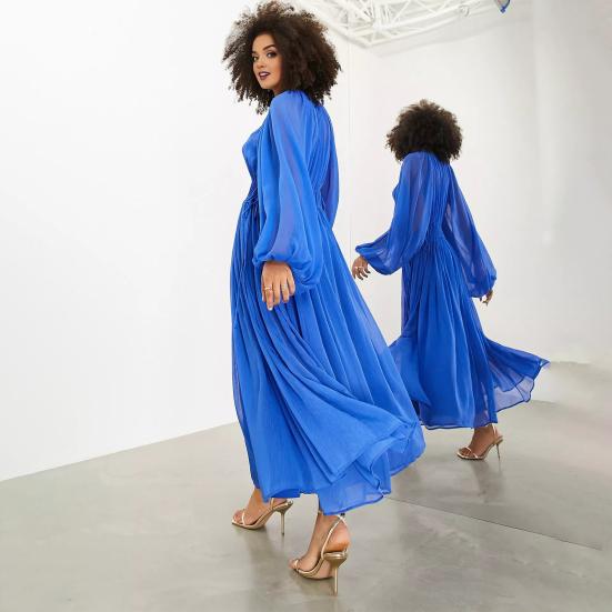 Женское вечернее платье с глубоким V-образным вырезом, плиссированное, с длинными рукавами, однотонное, с высокой талией, для отпуска, для пляжной вечеринки, платье макси, длинное платье для выпускного вечера