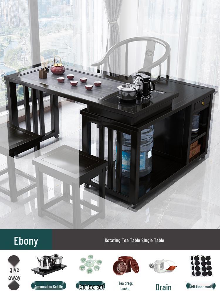 Solid Wood Rotating Tea Table Set with Chairs and Kettle, Mobile Balcony Coffee Table for Home.