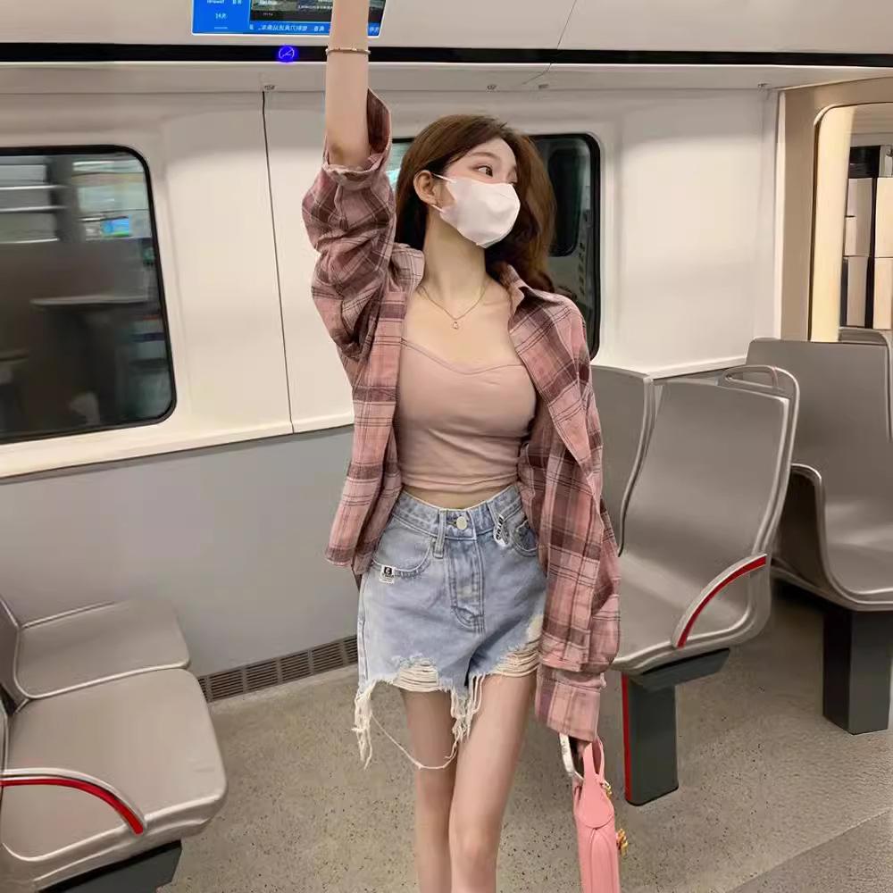 Женская розовая клетчатая рубашка-куртка с воротником поло - Лето 2024, средней длины, защита от солнца, топ с длинным рукавом