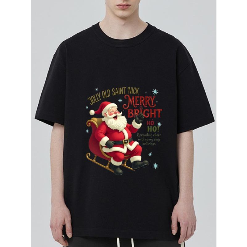 Рождественская футболка черная с принтом Санта-Клауса на санях и текстом Merry Bright для праздничного сезона
