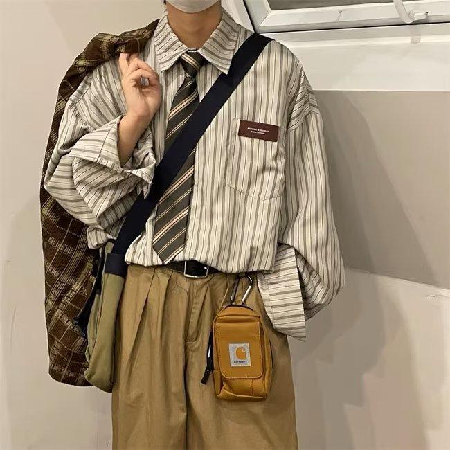 2023 Japanese Retro Lapel Striped Long Sleeve Shirt for Men and Women - Spring To Autumn Casual Wear