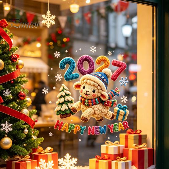 Seasonal Store Decorations Chinese New Year Window Stickers, 2027 Goat Static Clings, Reusable Home Holiday Decor Crochet Knit Lamb Decals,