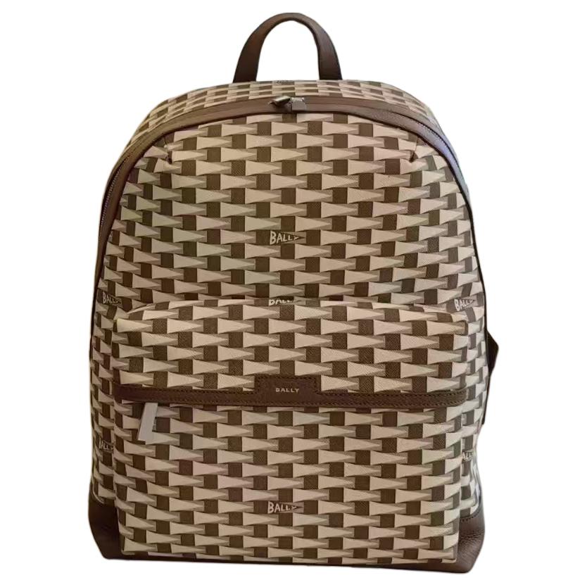 Bally Рюкзак кожаный с молнией и логотипом Мужской рюкзак Коричневый Бежевый 6307011