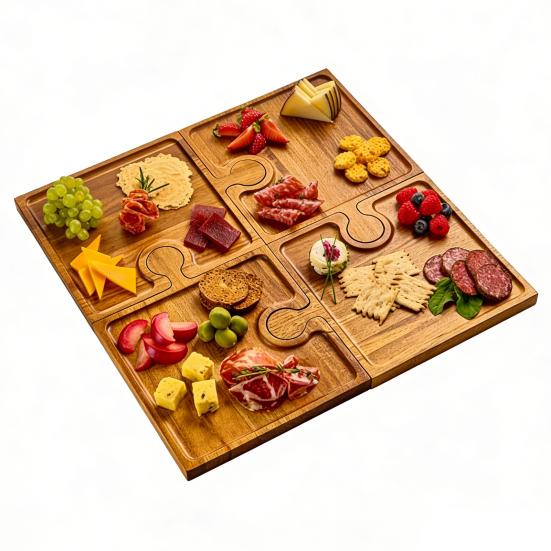 4 шт. Деревянный поднос-закусочница в форме пазла, доска для мясных закусок, сырная тарелка с вырезами для крекеров, универсальная сервировочная доска для вечеринки, барбекю, домашней кухни
