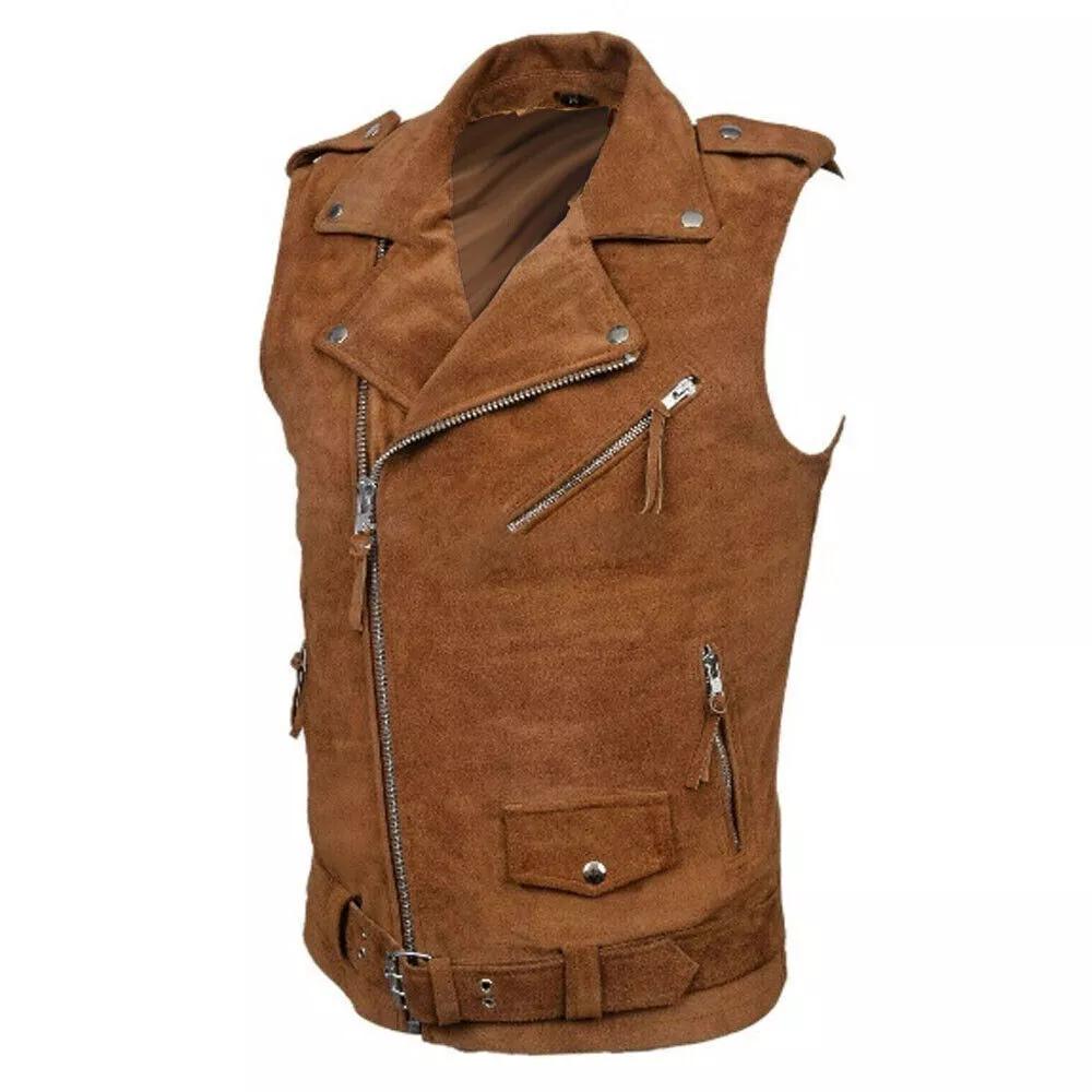 Коричневый замшевый мужской жилет из натуральной овчины, стильный жилет в стиле вестерн, пальто, куртка