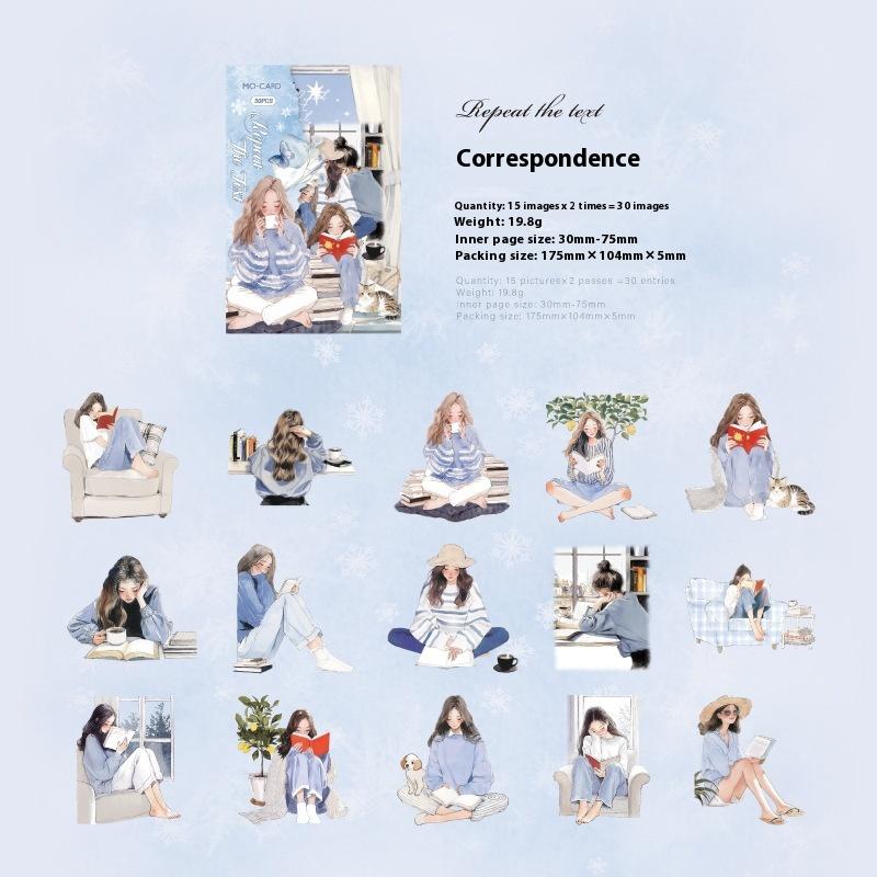 30Pcs/Pack Aesthetic Decals Labels Reading Girl Stickers Decorative Diary Album Material Scrapbooking Supplies