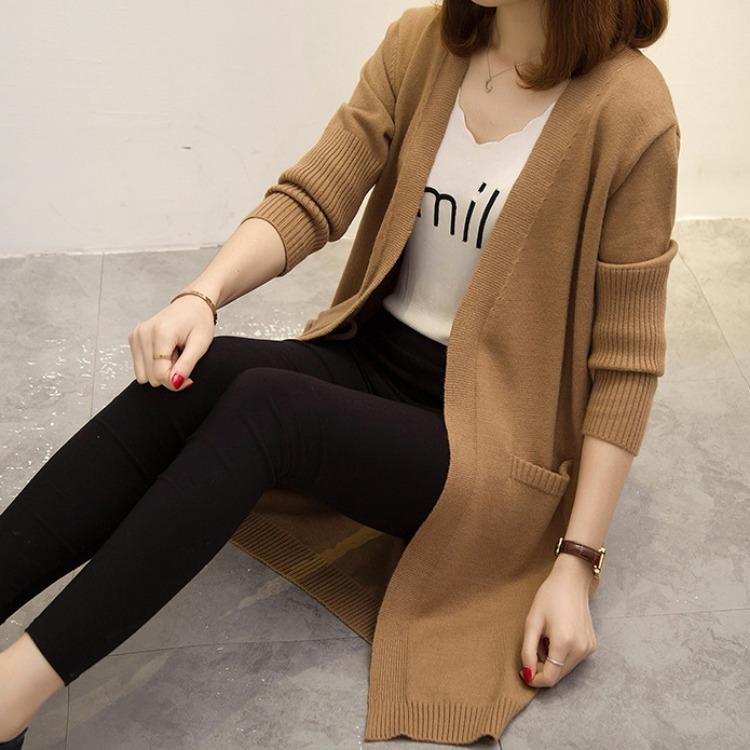 Вязаный кардиган средней длины, женский корейский свободный свитер, ленивый стиль, однотонный свитер с длинными рукавами, куртка для осени и зимы