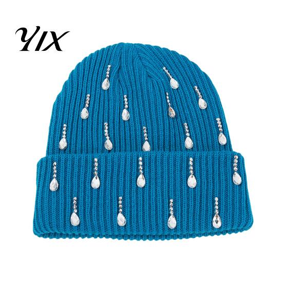 Fashionable Street Style Beanies Waterdrop Rhinestone Knit Hat, Bling Stretchy Winter Cuffed Knitted Outdoor Cold Weather Headgear Skull Cap for Women