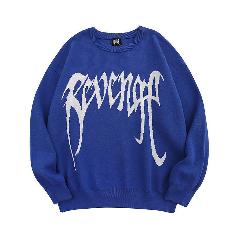 Unisex Oversized Crewneck Knit Sweater With Jacquard Streetwear Casual Cotton Pullover