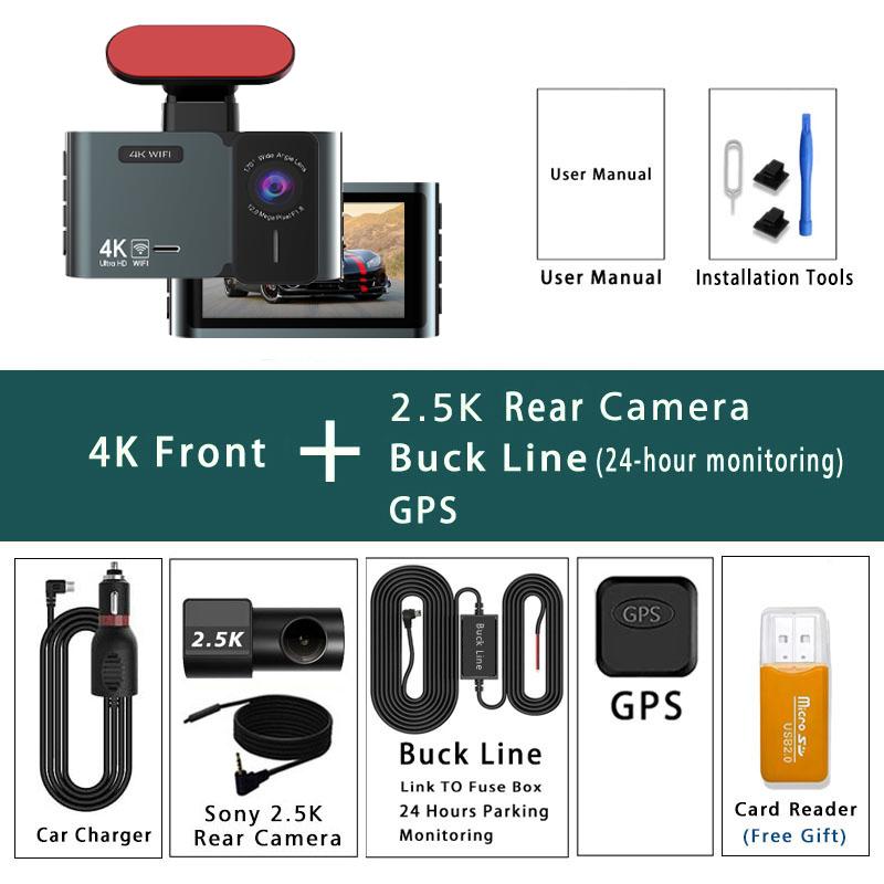 Видеорегистратор 4K + 2.5K 3840*2160P Автомобильный DVR GPS WIFI Двойная камера Автомобильная камера С супер ночным видением G-сенсор 24-часовой мониторинг парковки