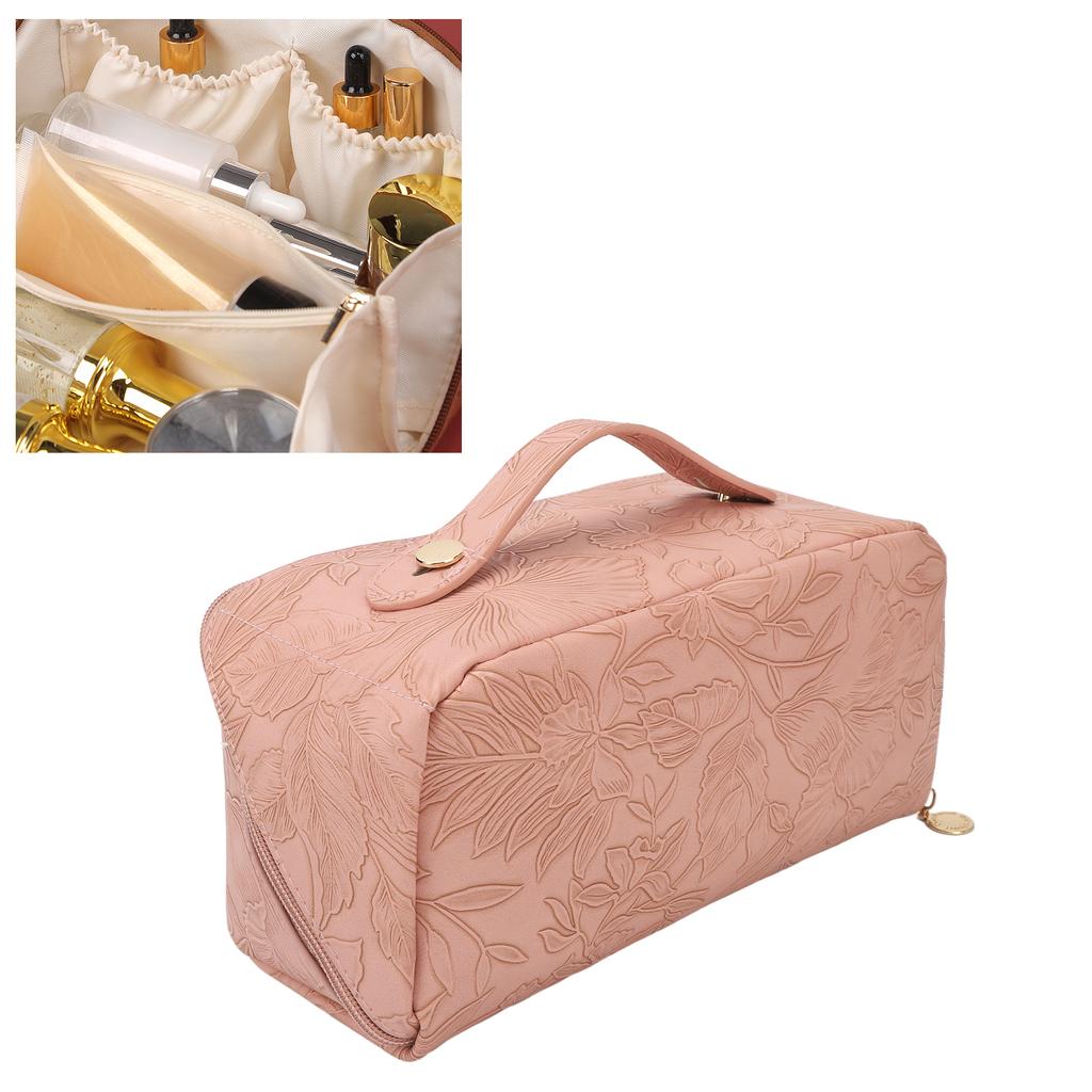 Косметичка для макияжа из ПУ кожи, открывающаяся на 180 градусов, большой вместимости, многофункциональная, с разделителем, плоская косметичка, розовая