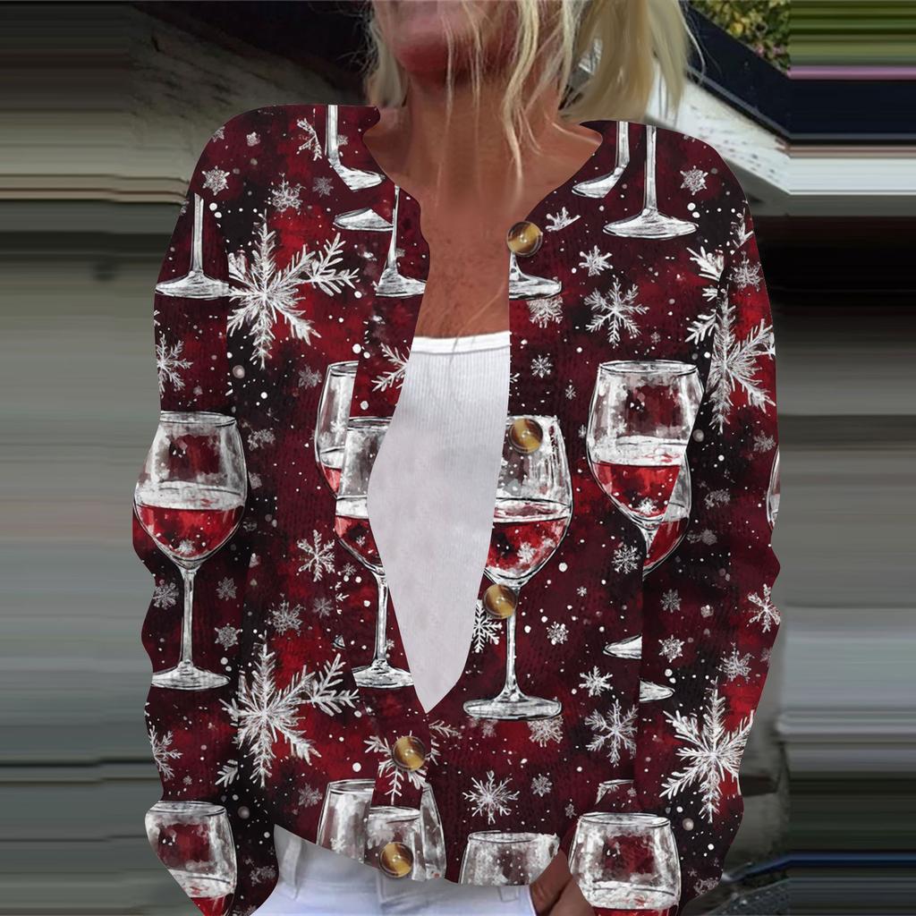 Women's Fashion Christmas Printed Long Sleeve Knitted Cardigan Button Down Jacket