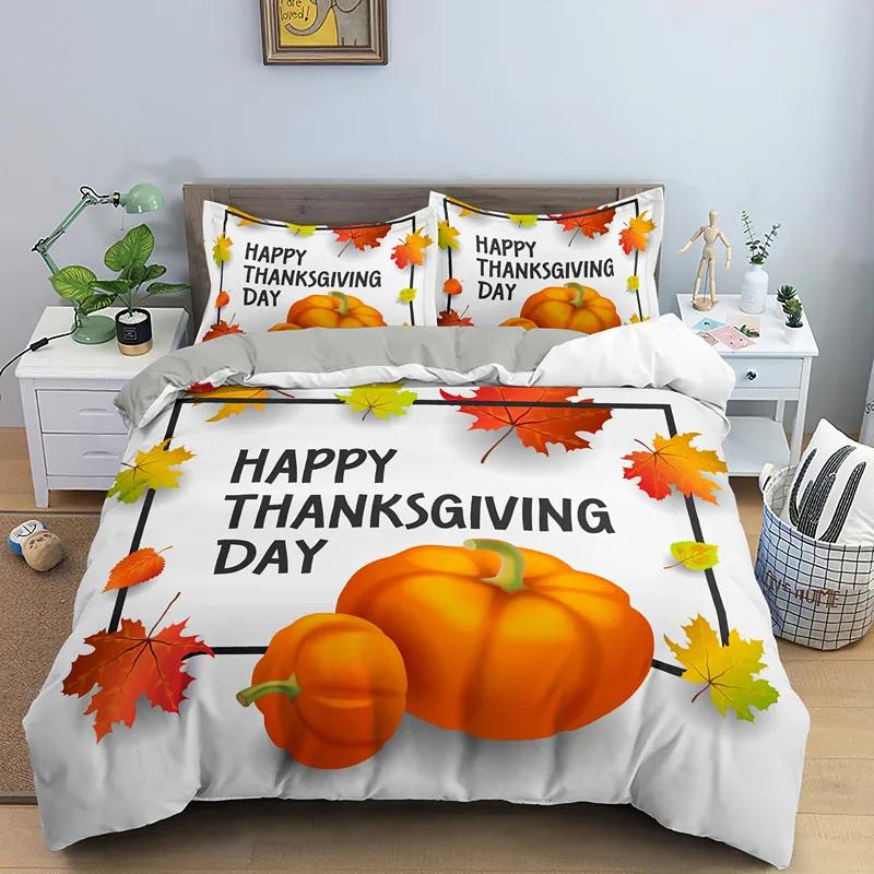 Autumn Thanksgiving Day Duvet Cover King Queen Cartoon Orange Pumpkin Turkey Bedding Set Maple Leaves Soft Polyester Quilt Cover