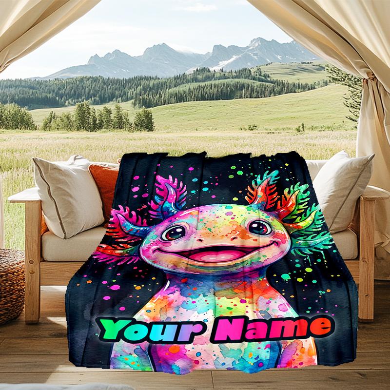 1PC Custom Name Colorful Axolotl Artwork flannel blanket versatile,all-season throw suitable for the living room,bedroom,camping,travel,and gift