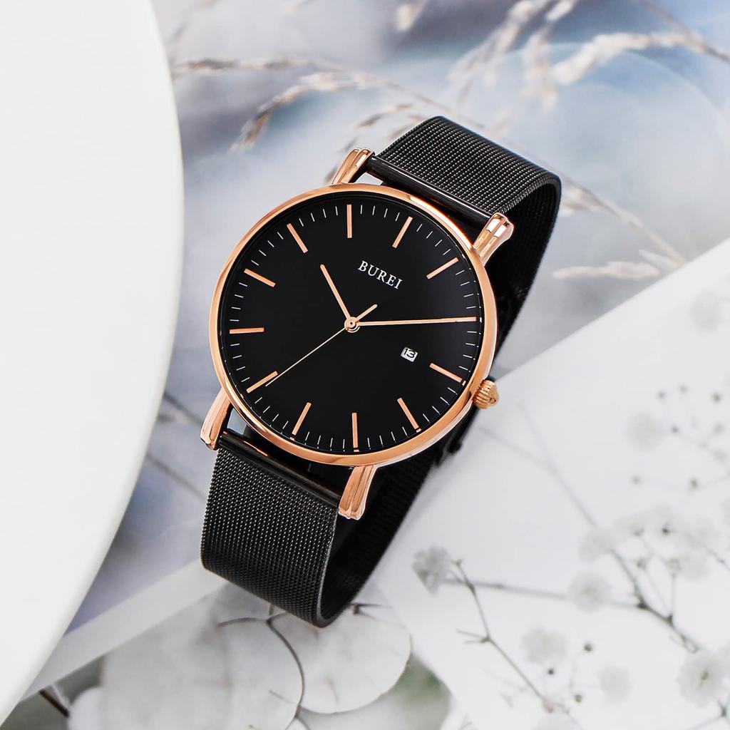 Простые стильные брендовые популярные ультратонкие легкие аналоговые часы деловые водонепроницаемые кварцевые наручные часы розовое золото черные [BUREI] мужские мужские -