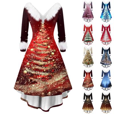 Женское модное повседневное платье с V-образным вырезом и рождественским принтом с длинным рукавом