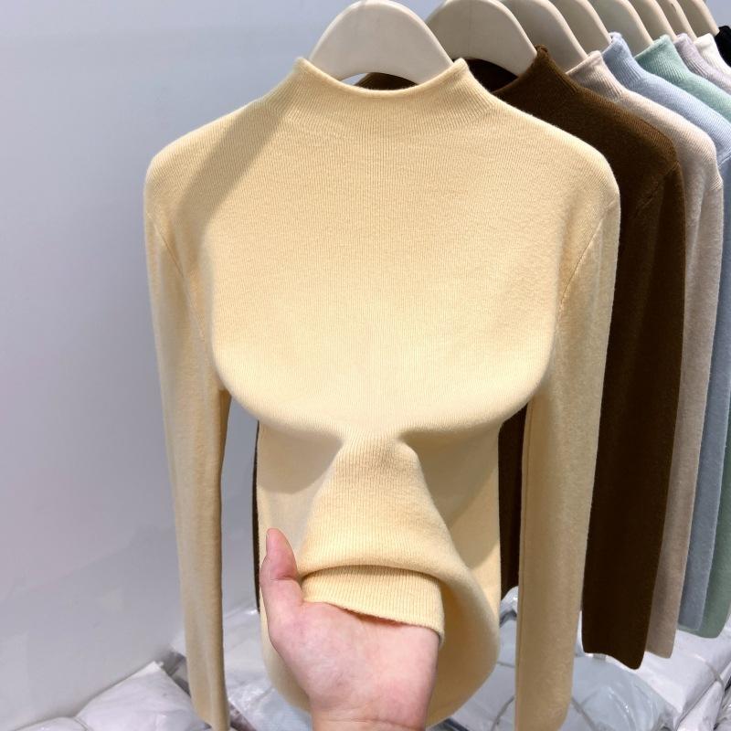 Утепленный теплый флисовый вязаный свитер с полувысоким воротником, женская весенняя мягкая восковая базовая рубашка, однотонный топ