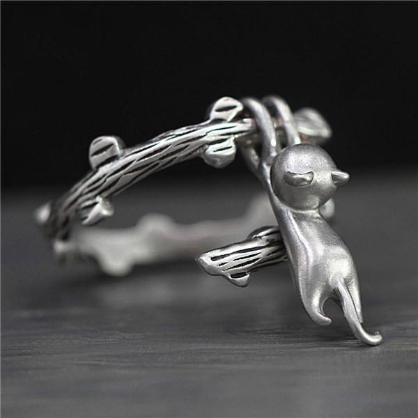 Personality Design Cat Climbing Tree Branch Finger Rings Silver Color Adjustable Jewelry