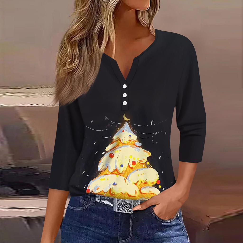 Женская мода повседневная рубашка с рукавом три четверти и рождественским принтом