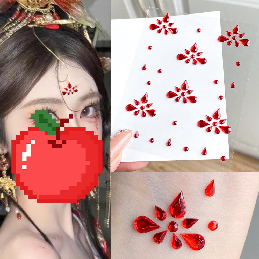 Древний стиль Красный головной убор с горным хрусталем на лоб и наклейки для украшения лица для макияжа в стиле Ханьфу