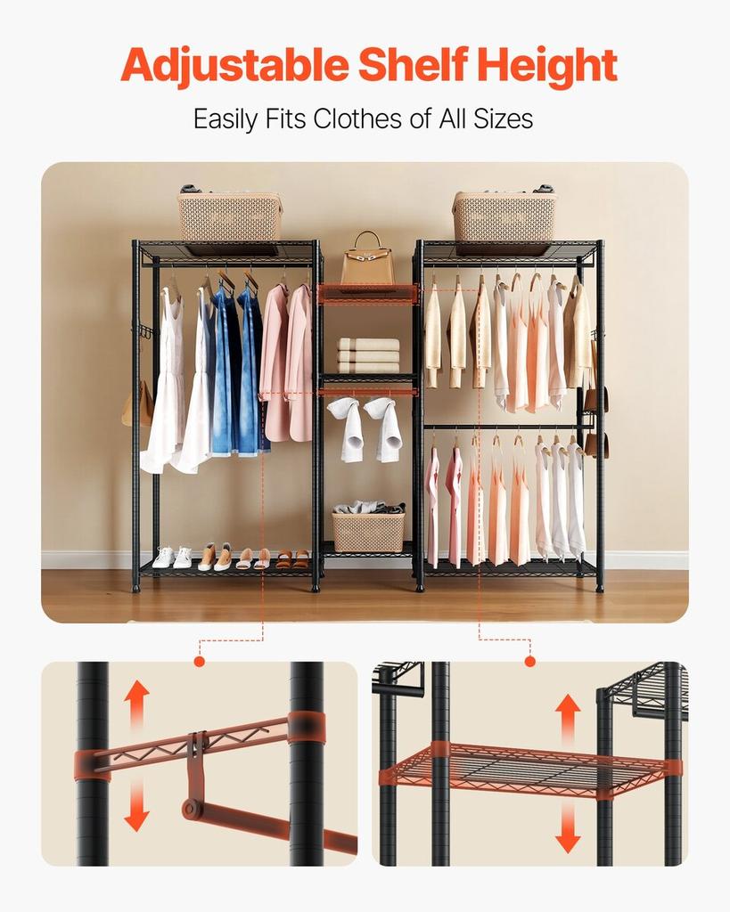 Clothing Garment Rack, Heavy Duty Closet Wardrobe, 7 Adjustable Tiers Clothes Racks with Steel Frame, 385.5 kg Load Capacity Clothes Rack with 4