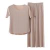 2Pcs/Set Women Pajamas Seamless Ice Silk Round Neck Short Sleeve Solid Color Elastic Waist Wide Leg Loose Soft Breathable Homewear Top Pants Set
