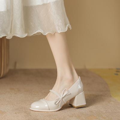 Женские летние туфли на высоком каблуке, новые, толстый каблук, бант, жемчуг, Мэри Джейн, с открытым мыском, одинарные туфли, женственный стиль